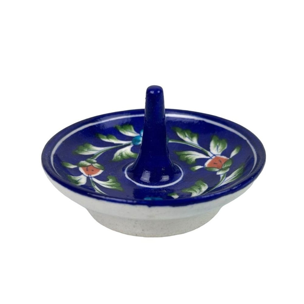 Handmade Pottery Ring Trinket Holder Jewelry Dish Cobalt Blue Floral Home Decor